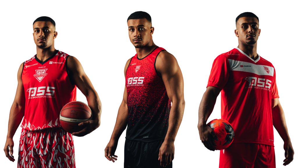 3 pictures of one person in red and black sports kits with a football and a basketball