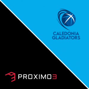 caledonia gladiators and proximo 3 on split background of light blue and black
