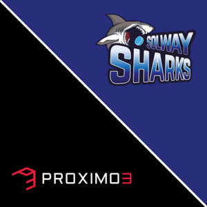 Solway Sharks and Proximo 3 logos on a black and blue split background